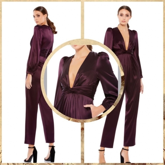 Mac Duggal Elegant Deep Purple/ Plum Plunge Neckline Satin Long Sleeve Jumpsuit - Picture 3 of 16